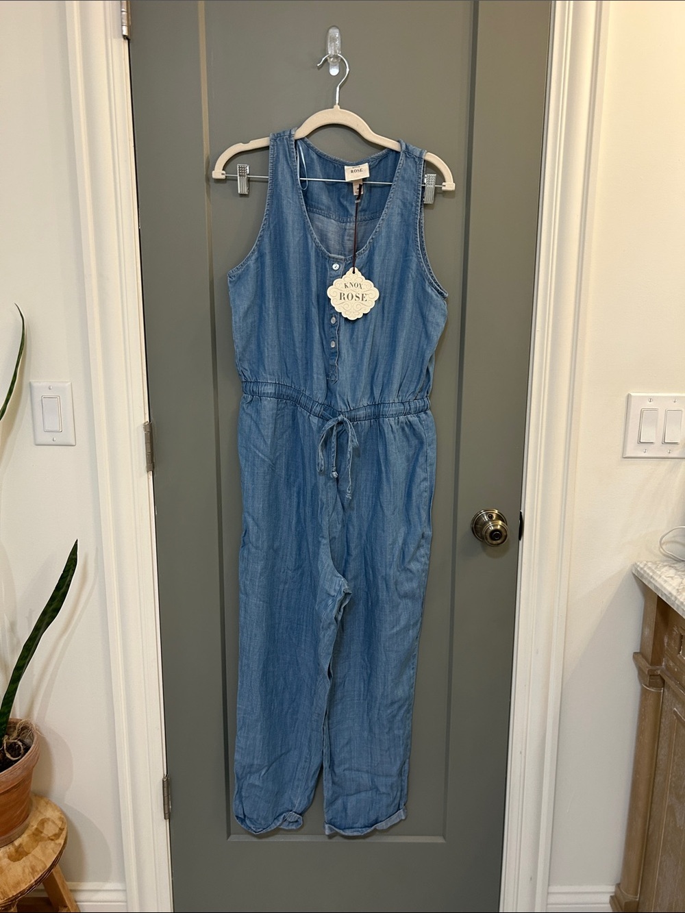 Knox Rose Light Blue Denim Romper with Drawstring Waist New size Medium